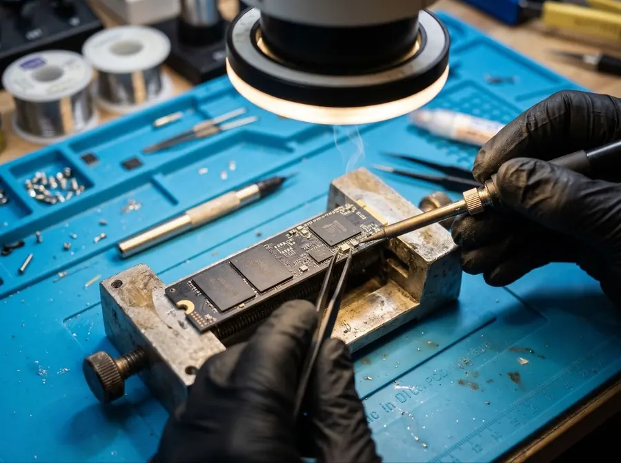Nieuw SMD-component wordt gelast op een M.2 NVMe SSD, vastgezet in een mal, onder ringlicht-microscoop.