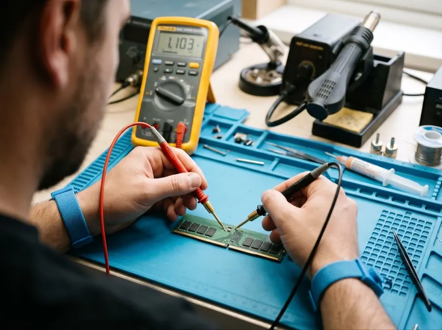 DDR5-geheugenmodule wordt doorgemeten met een multimeter tijdens de continu&iuml;teitscontrole op de voedingsrail.