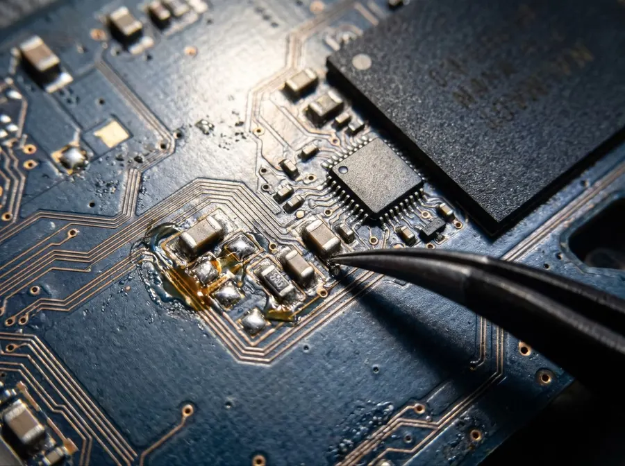 Fijnwerk: een vervangend SMD-component wordt met precisietangen gepositioneerd op de printplaat.