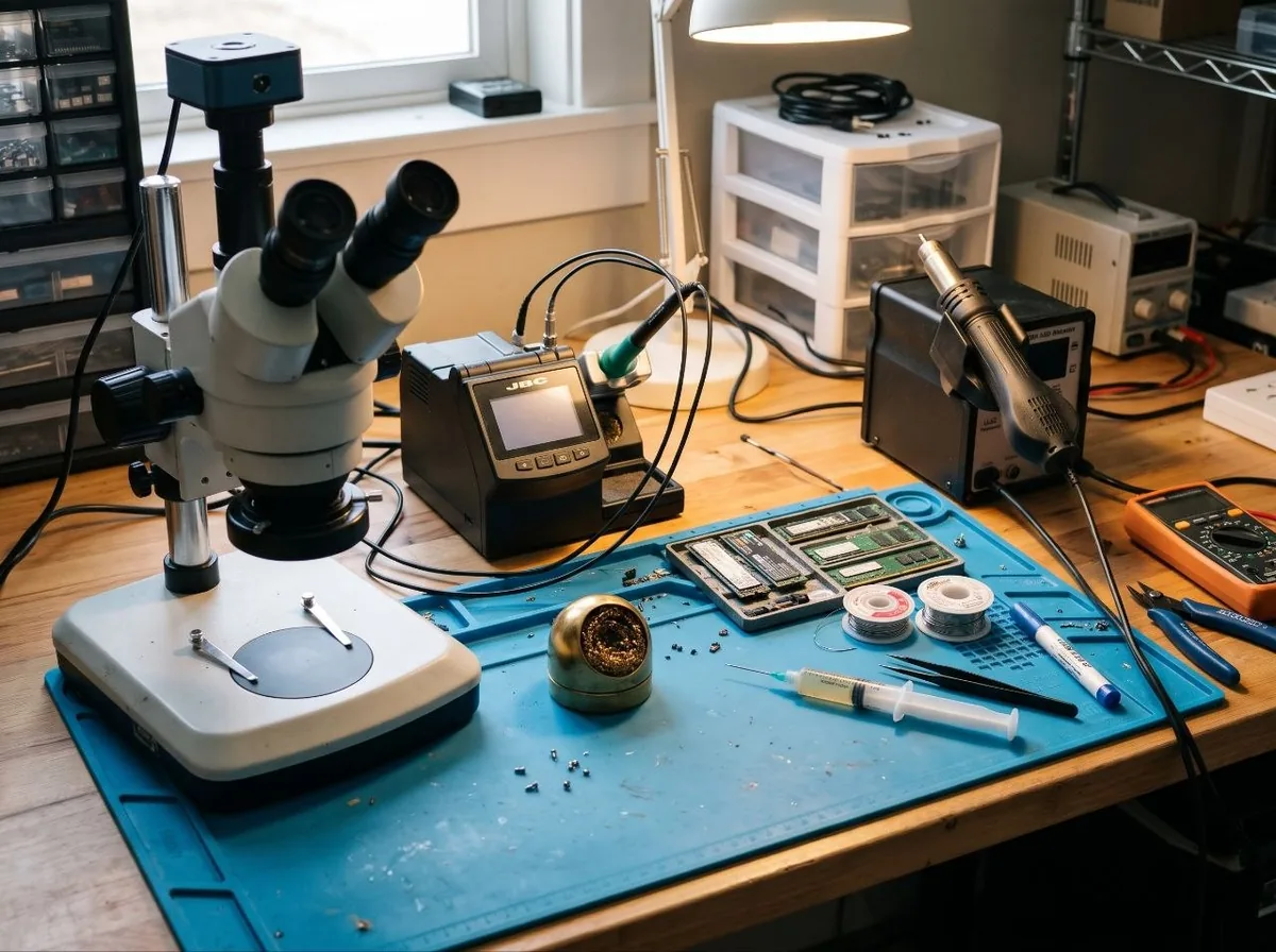 De werkplek van het lab: stereo-microscoop met camera, JBC-soldeerstation, hot-air-station en uitgevoerde NVMe- en geheugenmodules op een antistatische mat.